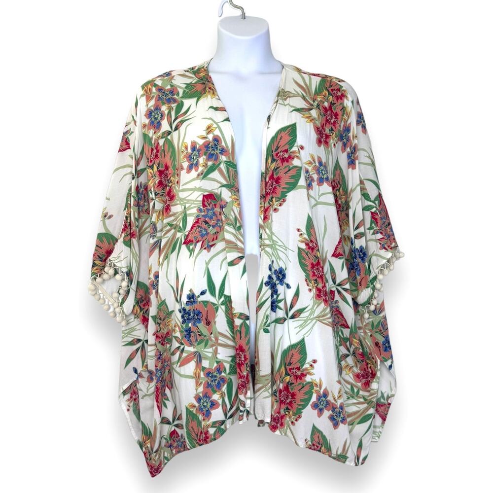 Tropical Floral Kimono Cardigan Pom Trim Sheer Plus 1XL 2XL Boho Resort